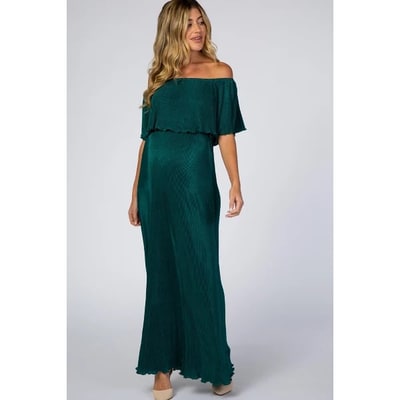 Target Pinkblush Forest Green Pleated Ruffle Off Shoulder Maternity Maxi Dress Large