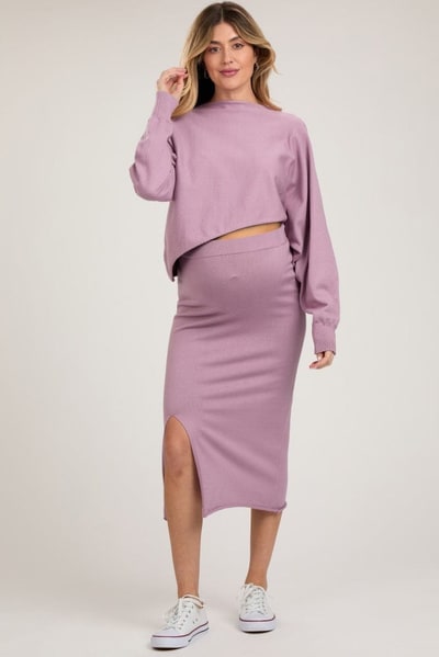 PinkBlush Mauve Knit Long Sleeve Crop Top Maternity Midi Skirt Set