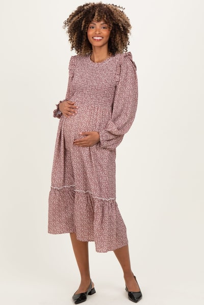PinkBlush Rust Tiny Floral Ruffled Mock Neck Babydoll Maternity Midi Dress
