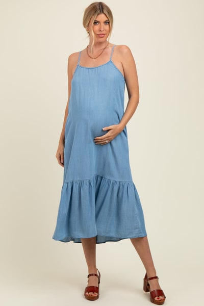 PinkBlush Light Blue Ruffle Hem Cami Maternity Midi Dress
