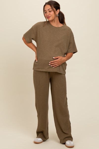 PinkBlush Olive Textured Knit Oversized Tee And Pants Maternity Set