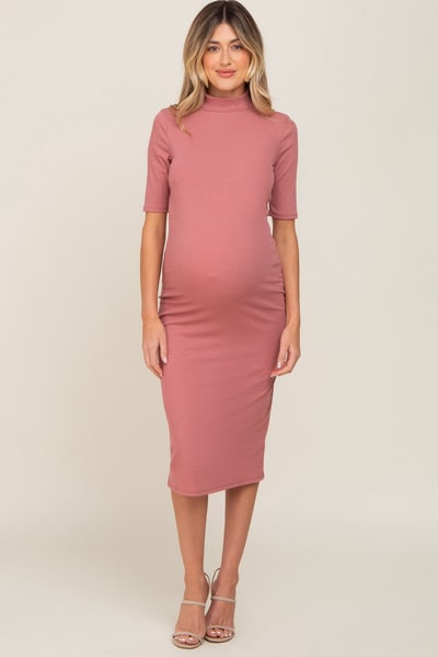 PinkBlush Mauve Ribbed Mock Neck Maternity Midi Dress