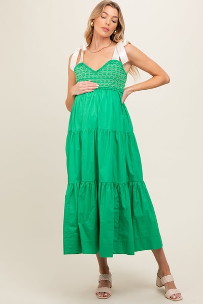 PinkBlush Green Ribbon Strap Tiered Maternity Maxi Dress