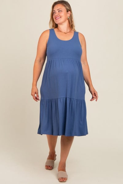 PinkBlush Blue Tiered Sleeveless Maternity Plus Midi Dress
