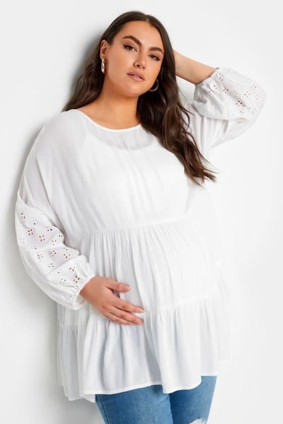Yours Clothing BUMP IT UP MATERNITY White Broderie Tiered Top