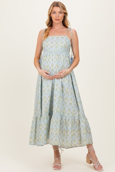 PinkBlush Blue Multi Garden Floral Open-Back With Bow Cotton Maternity Midi Dress