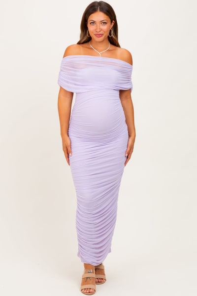 PinkBlush Lavender Ruched Mesh Foldover Off Shoulder Maternity Maxi Dress
