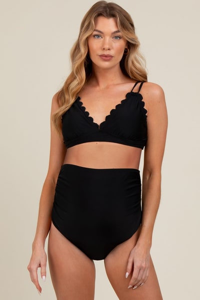 PinkBlush Black Scalloped V-Neck High Waist Two-Piece Maternity Swimsuit