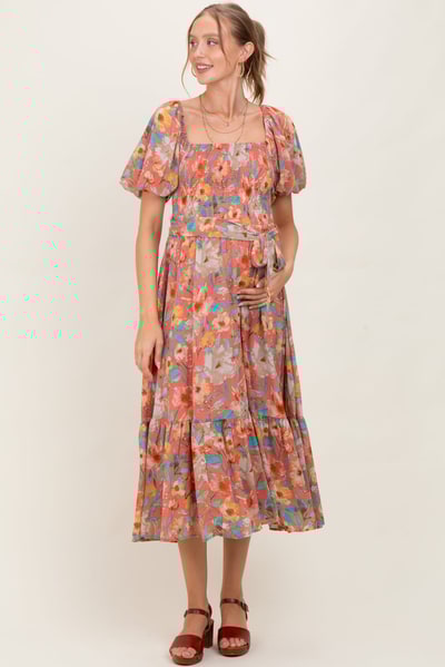 PinkBlush Pink Floral Smocked Puffed Sleeve Maternity Midi Dress