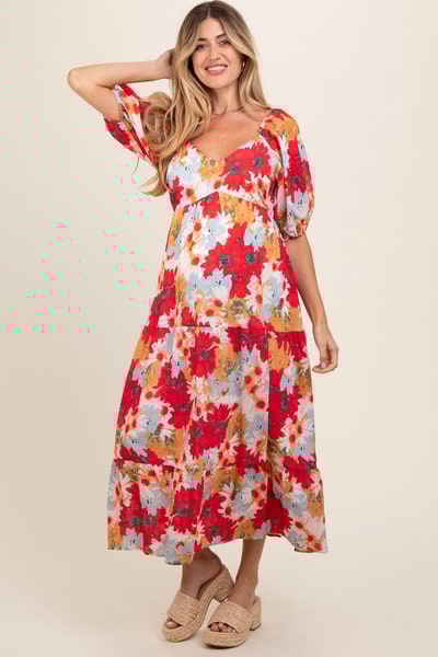 PinkBlush Red Floral V-Neck Short Puff Sleeve Tiered Maternity Midi Dress