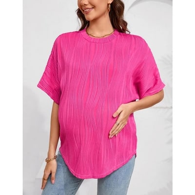 Target Women's Maternity Summer Shirts Casual Loose Fit Rib Short Sleeve Top Round Neck Long T-Shirt Blouses RoseRed XX-Large