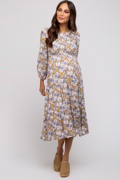 PinkBlush Taupe Floral Smocked Tiered Maternity Midi Dress
