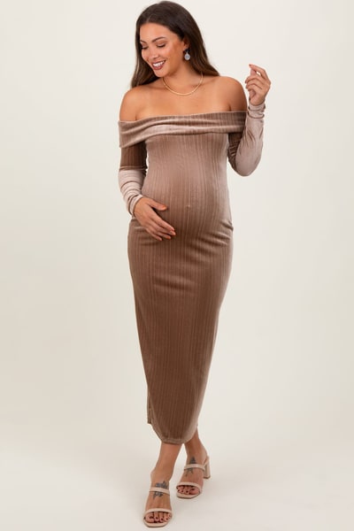 PinkBlush Taupe Shiny Velour Off Shoulder Maternity Midi Dress
