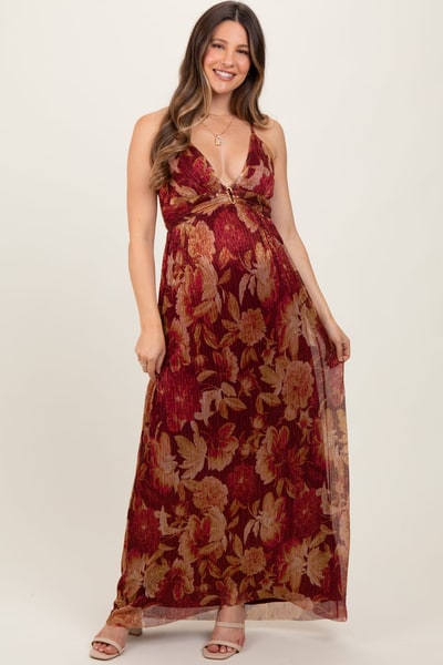 PinkBlush Burgundy Floral Deep V-Neck Back Cutout Maternity Maxi Dress