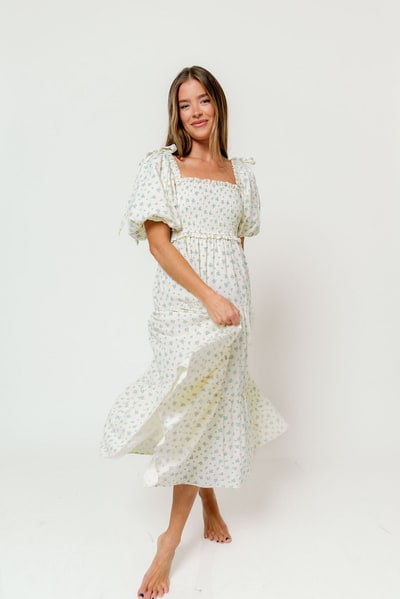 Worth Collective Elena Midi Dress in Cream/Blue Tiny Floral - Bump Friendly & Inclusive Sizing