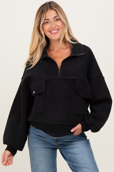 PinkBlush Black Contrast Reversed Fleece 1/4 Zip Maternity Pullover