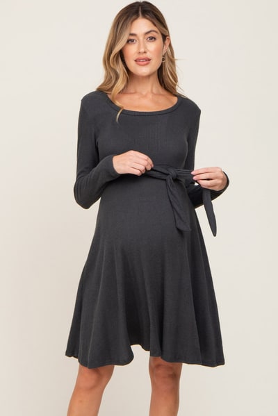 PinkBlush Charcoal Soft Rib Knit Sash Tie Maternity Dress