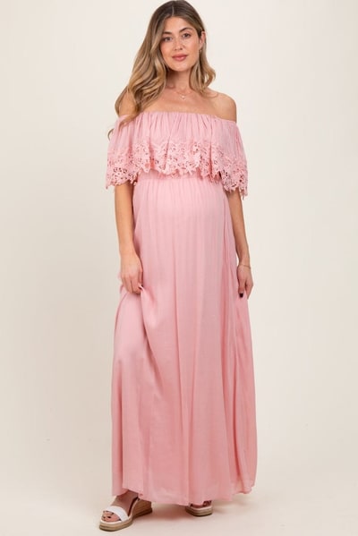 PinkBlush Pink Lace Off Shoulder Maternity Maxi Dress