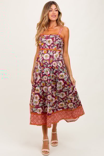 PinkBlush Burgundy Floral Contrast Print Sleeveless Maternity Midi Dress