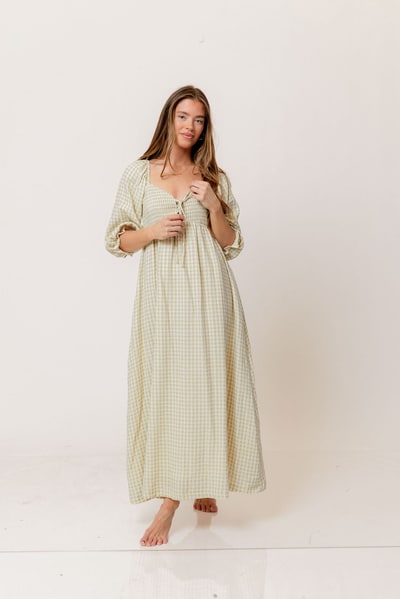 Worth Collective Cecilia 100% Cotton Smocked Maxi Dress in Green Haze Plaid (Lined) - Bump Friendly