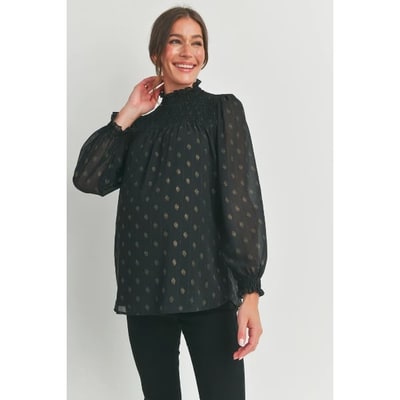 Target Hello Miz Women's Mock Neck Long Sleeve Polka Dot Smocked Maternity Blouse Top - Black - Medium
