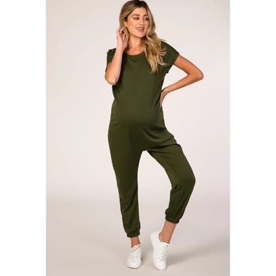 Target Pinkblush PinkBlush Olive Green Short Sleeve Maternity Jumpsuit Small