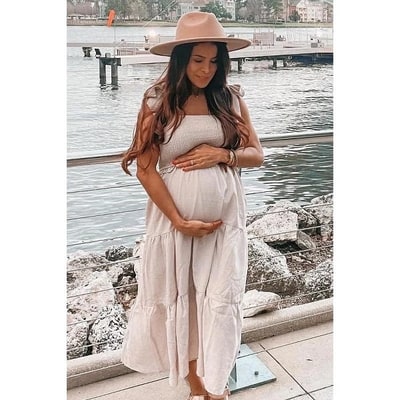 Target Pinkblush Beige Bow Strap Tiered Maternity Midi Dress Medium