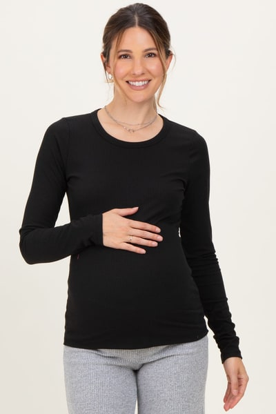 PinkBlush Black Solid Ribbed Long Sleeve Round Neck Maternity Tunic Top