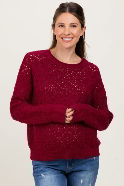 PinkBlush Burgundy Crochet Knit Drop Shoulder Maternity Sweater