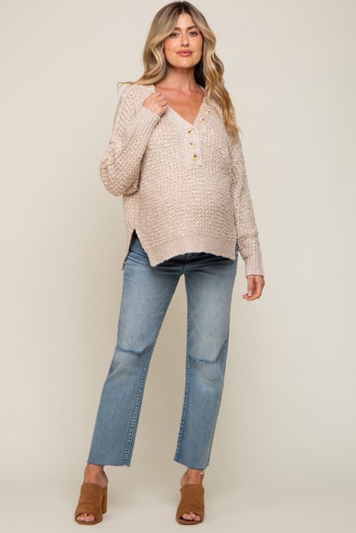 PinkBlush Beige Chunky Knit Button V-Neck Maternity Sweater