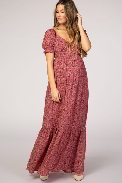 PinkBlush Pink Floral Puff Sleeve Maternity Maxi Dress