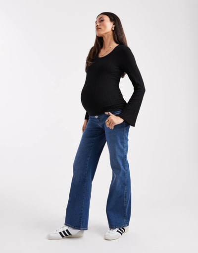 ASOS ONLY Maternity high waist wide leg jeans in mid blue