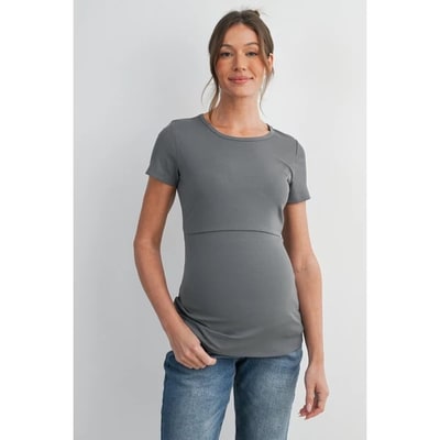 Target Hello Miz Women's Ribbed Crewneck Short Sleeve Maternity Nursing T-Shirt with Lift-Up Panel - Olive - Medium