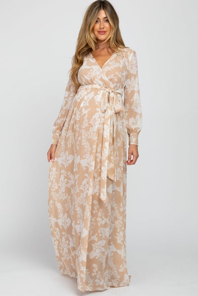 PinkBlush Taupe Floral Chiffon Maternity Maxi Dress