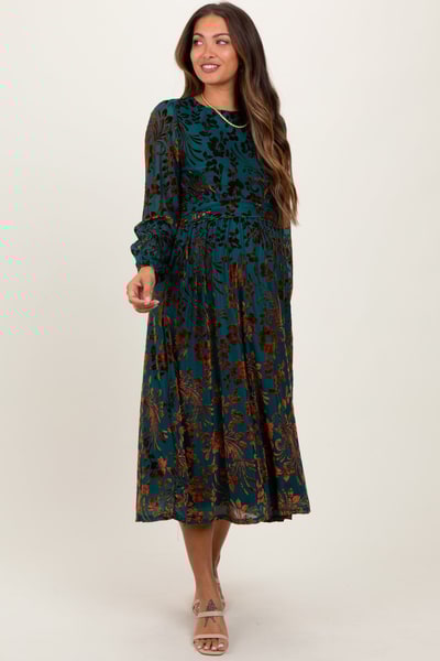 PinkBlush Teal Velvet Floral Overlay Maternity Midi Dress