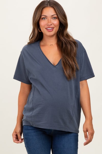 PinkBlush Navy Raw Edge V-Neck Short Sleeve Maternity T-Shirt