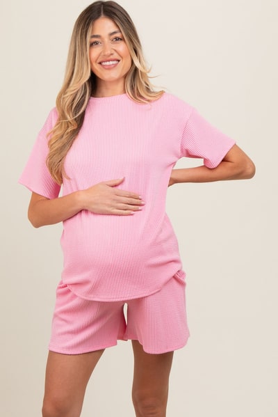 PinkBlush Pink Ribbed Short Sleeve Maternity Pajama Set