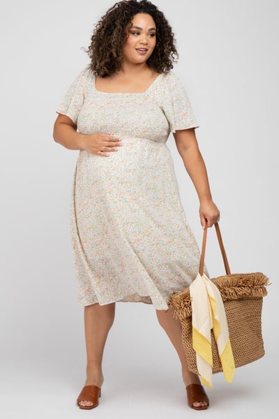 PinkBlush Cream Floral Smocked Square Neck Maternity Midi Dress