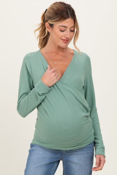PinkBlush Green Brushed Knit Wrap Front Maternity Top