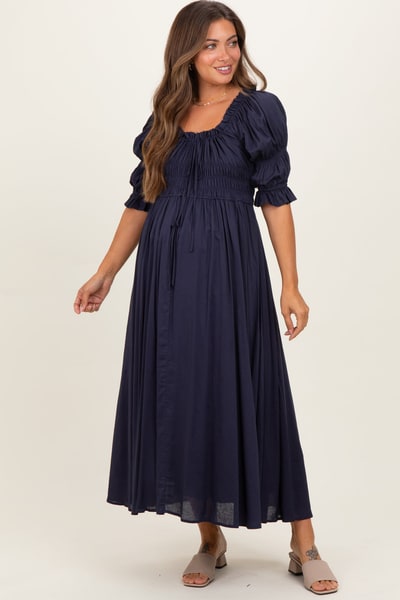 PinkBlush Navy Smocked Ruffle Square Neck Maternity Midi Dress