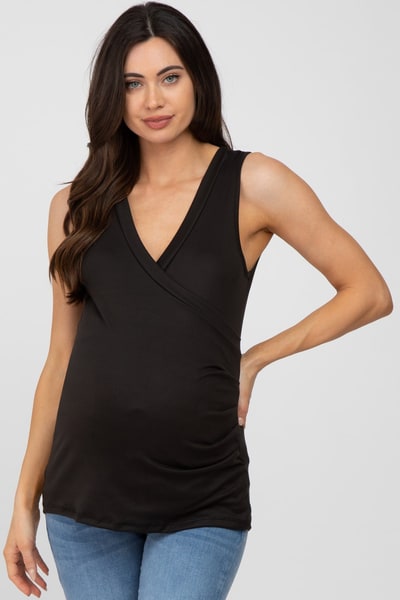 PinkBlush Black Crossover Ruched Maternity Nursing Tank