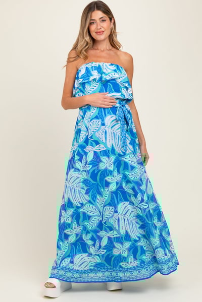 PinkBlush Blue Floral Chiffon Flounce Strapless Maternity Maxi Dress