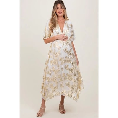 Target PinkBlush Cream Metallic Floral Jacquard Overlay Maternity Maxi Dress Cream Small
