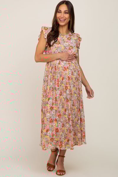 PinkBlush Mint Green Floral Chiffon Pleated Maternity Midi Dress