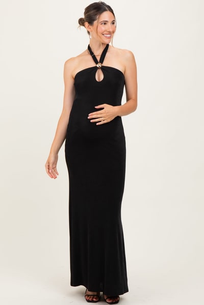 PinkBlush Black Halter Pendant Maternity Maxi Dress