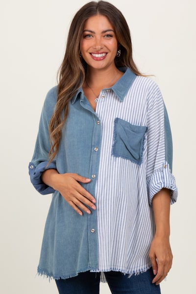 PinkBlush Blue Colorblock Stripe Oversized Maternity Button Down