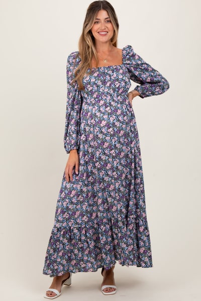 PinkBlush Blue Floral Reversible Long Sleeve Maternity Maxi Dress