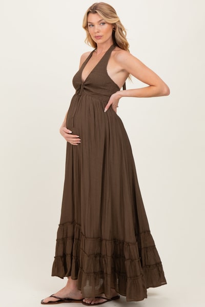 PinkBlush Brown Halter Neck Smocked Maternity Maxi Dress