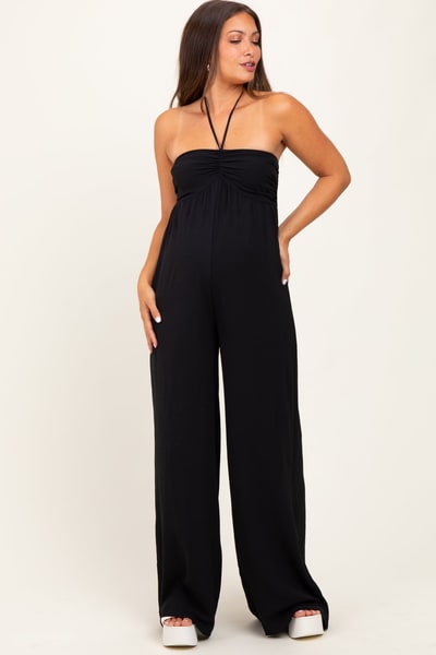 PinkBlush Black Halter Neck Wide Leg Maternity Jumpsuit