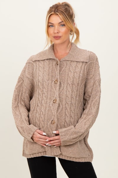 PinkBlush Beige Cable Knit Collared Maternity Button Up Cardigan